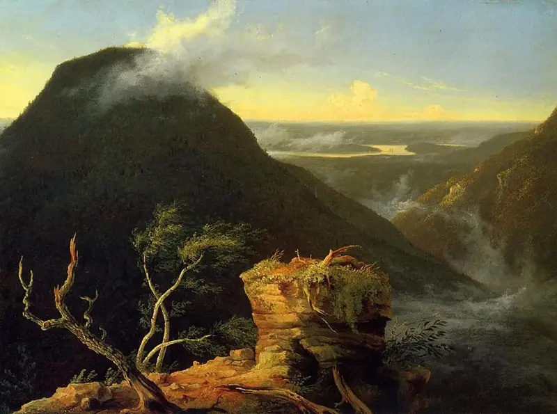 Hudson River School oil painting depicting a luminous mountain landscape with river